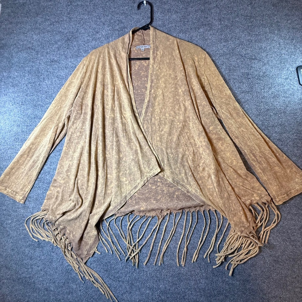 Jess & Jane Womens Large Mineral Wash Fringe Open Front Cardigan Tan M40-000